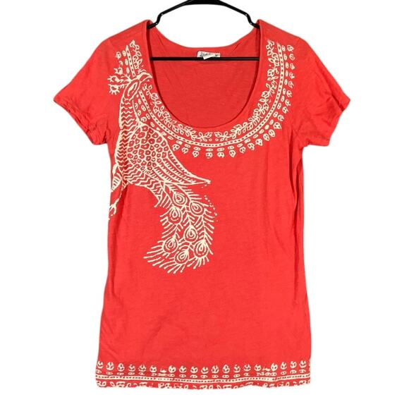 Lucky Brand Womens Shirt Orange Indian Peacock Short Sleeve Scoop Neck Medium - Picture 1 of 12